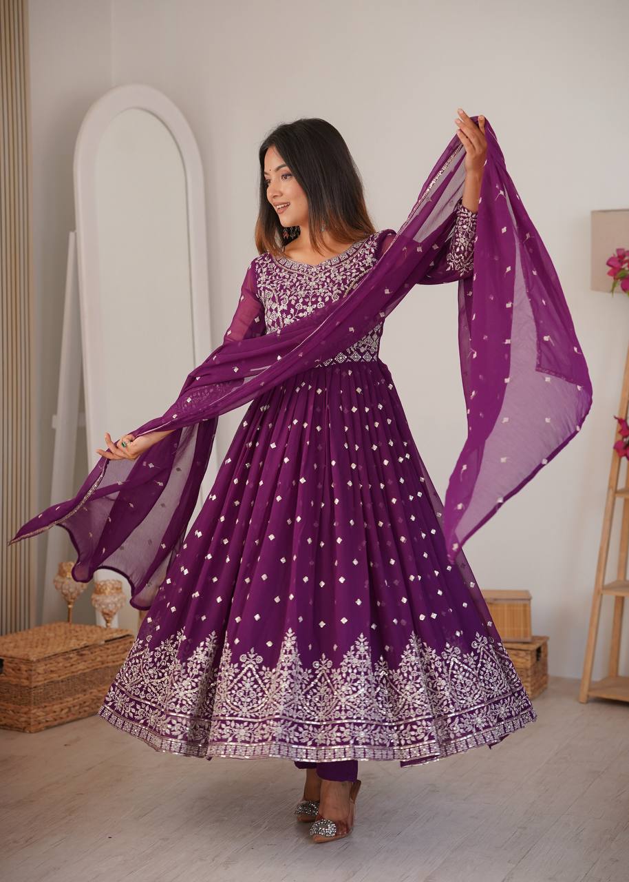 Purple Faux Georgette Sequin Work Anarkali Set with Pant and Dupatta
