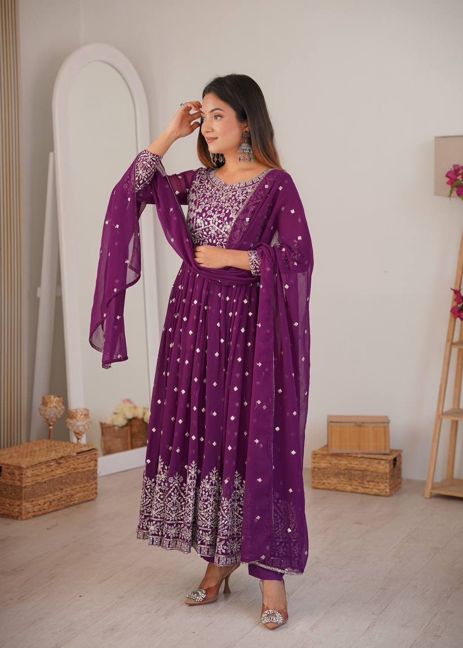 Purple Faux Georgette Sequin Work Anarkali Set with Pant and Dupatta
