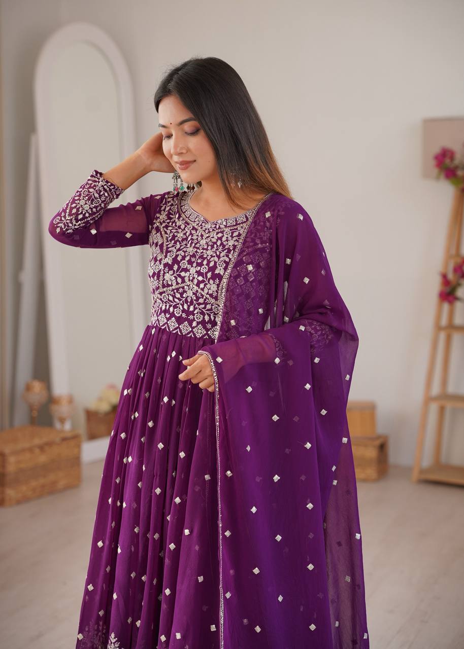 Purple Faux Georgette Sequin Work Anarkali Set with Pant and Dupatta
