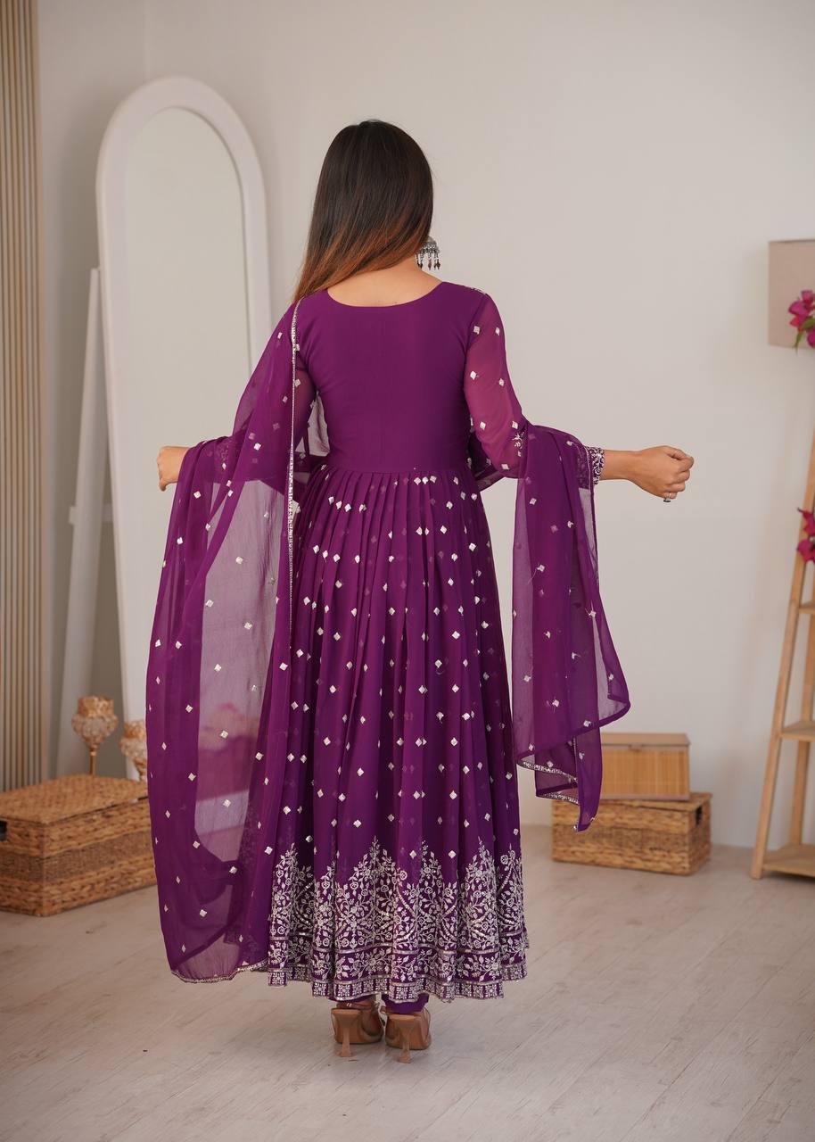 Purple Faux Georgette Sequin Work Anarkali Set with Pant and Dupatta
