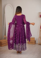 Purple Faux Georgette Sequin Work Anarkali Set with Pant and Dupatta
