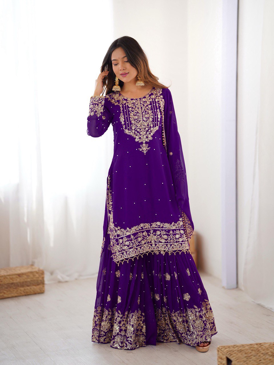 Glamorous Purple Faux Georgette Pearl Work Sharara Set with Dupatta
