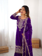 Glamorous Purple Faux Georgette Pearl Work Sharara Set with Dupatta
