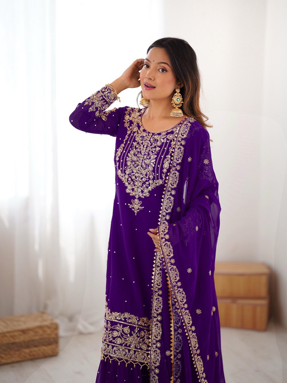 Glamorous Purple Faux Georgette Pearl Work Sharara Set with Dupatta
