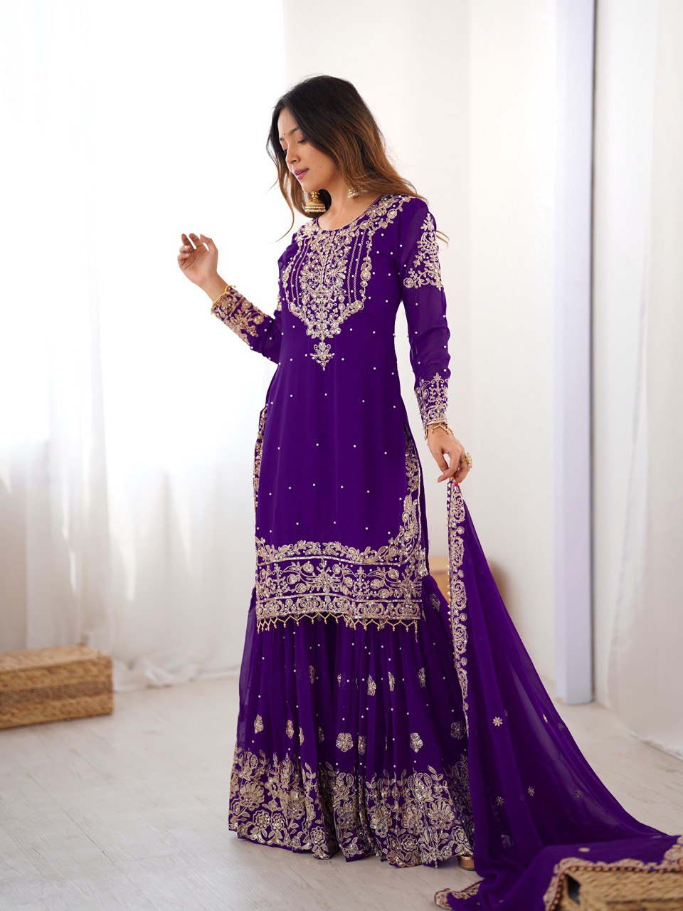 Glamorous Purple Faux Georgette Pearl Work Sharara Set with Dupatta
