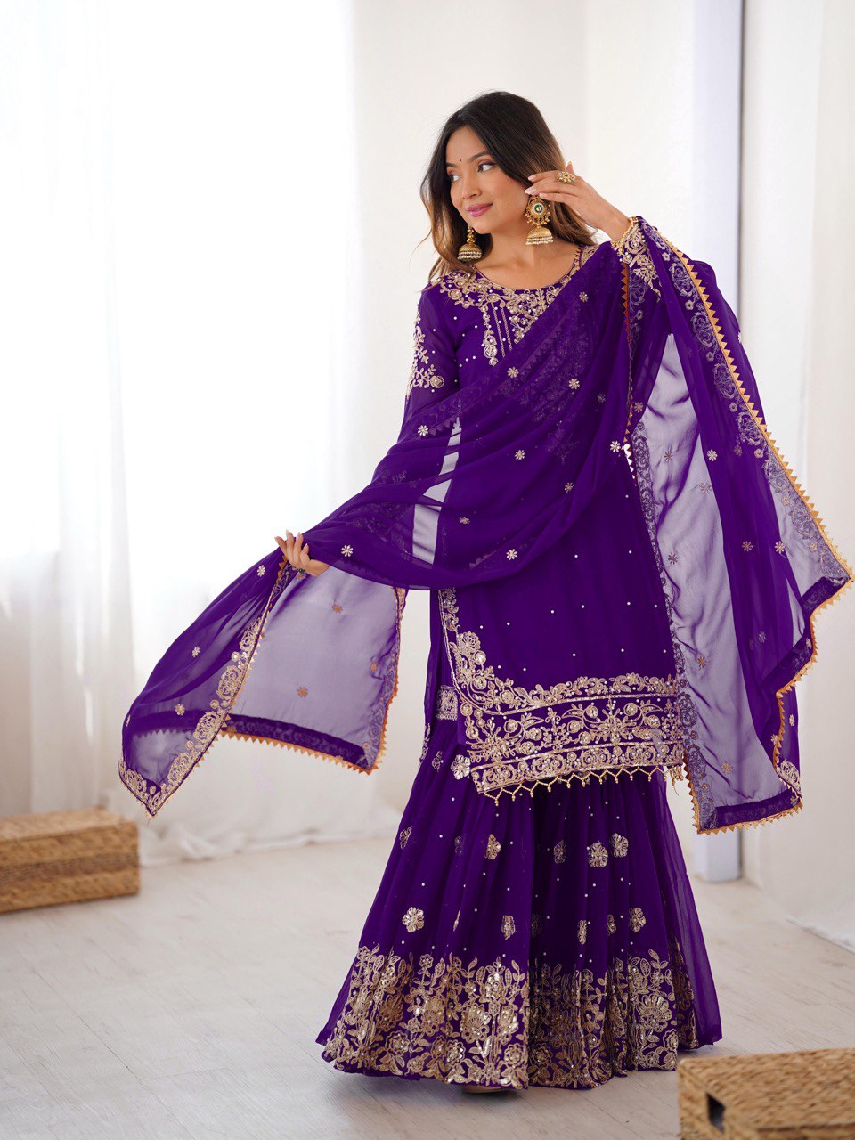 Glamorous Purple Faux Georgette Pearl Work Sharara Set with Dupatta
