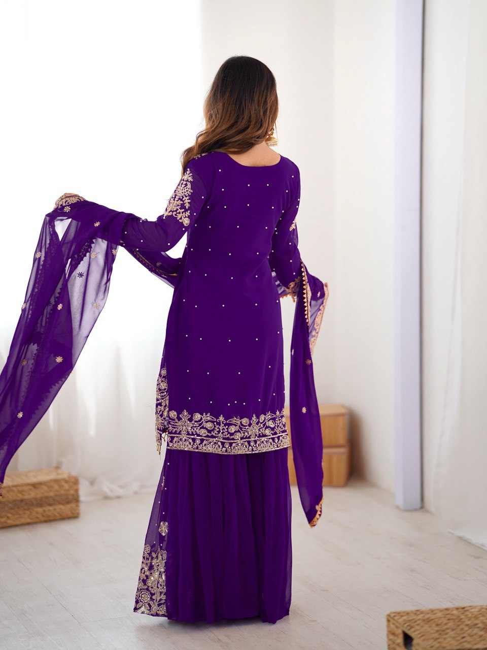Glamorous Purple Faux Georgette Pearl Work Sharara Set with Dupatta
