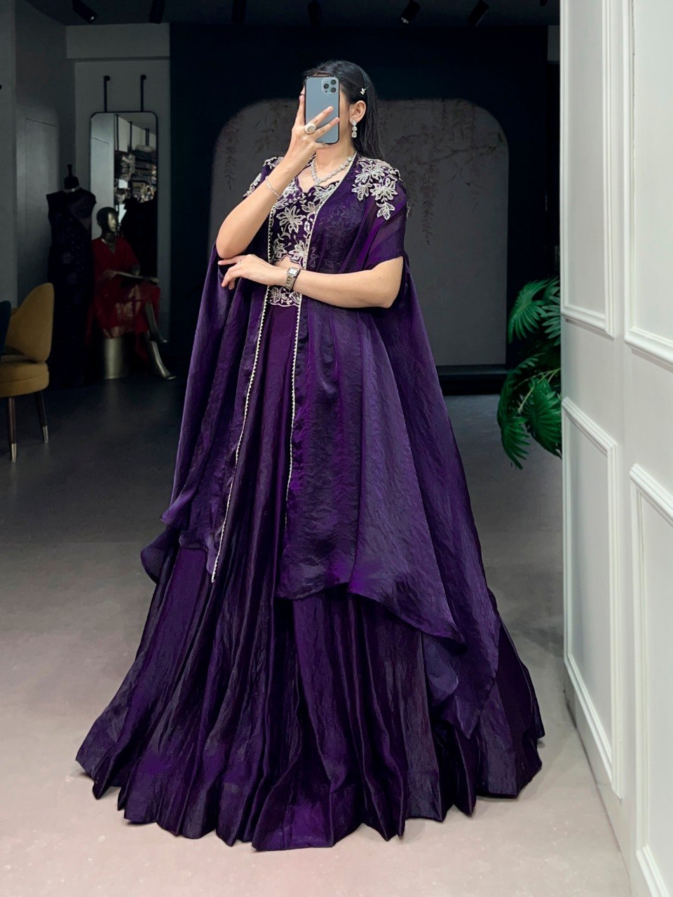 Designer Purple Fendi Silk Sequins Embroidery Lehenga Set With Shrug
