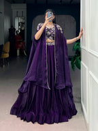 Designer Purple Fendi Silk Sequins Embroidery Lehenga Set With Shrug
