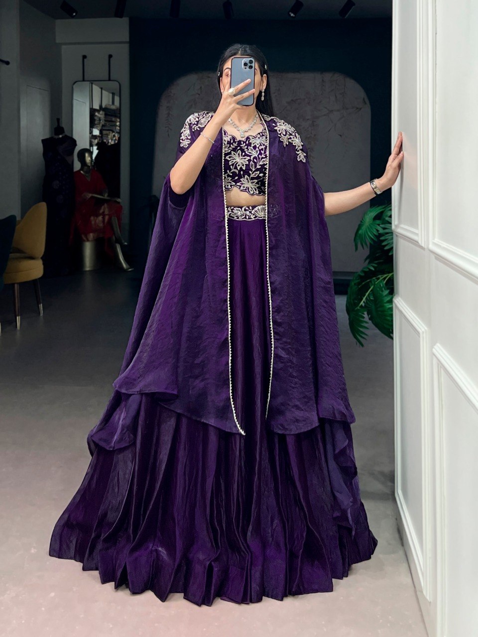Designer Purple Fendi Silk Sequins Embroidery Lehenga Set With Shrug
