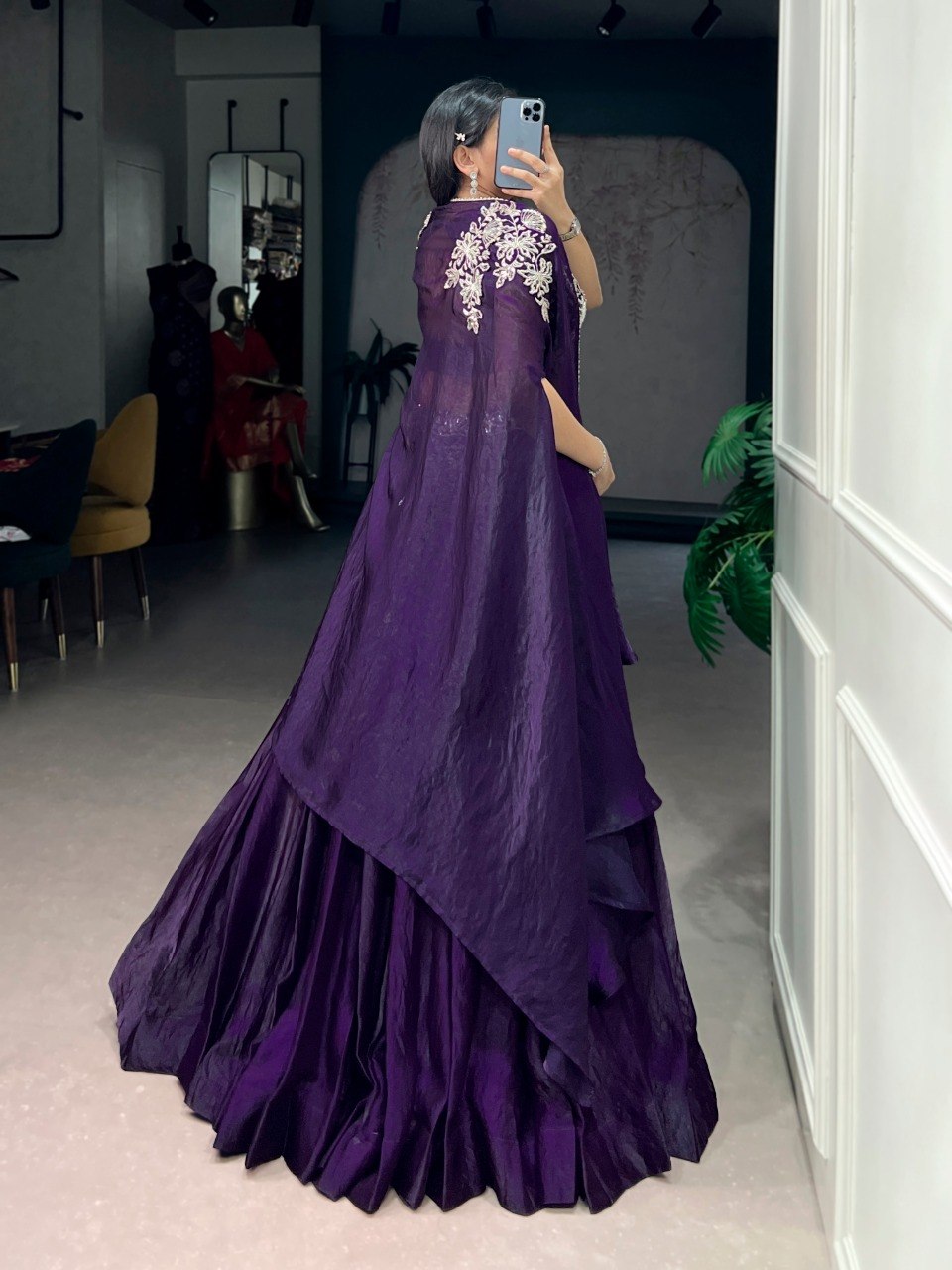 Designer Purple Fendi Silk Sequins Embroidery Lehenga Set With Shrug
