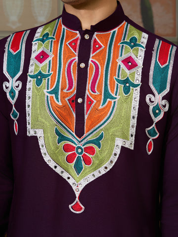 Purple Festival Wear Embroidery Mens Wear Kurta