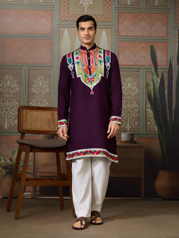 Purple Festival Wear Embroidery Mens Wear Kurta
