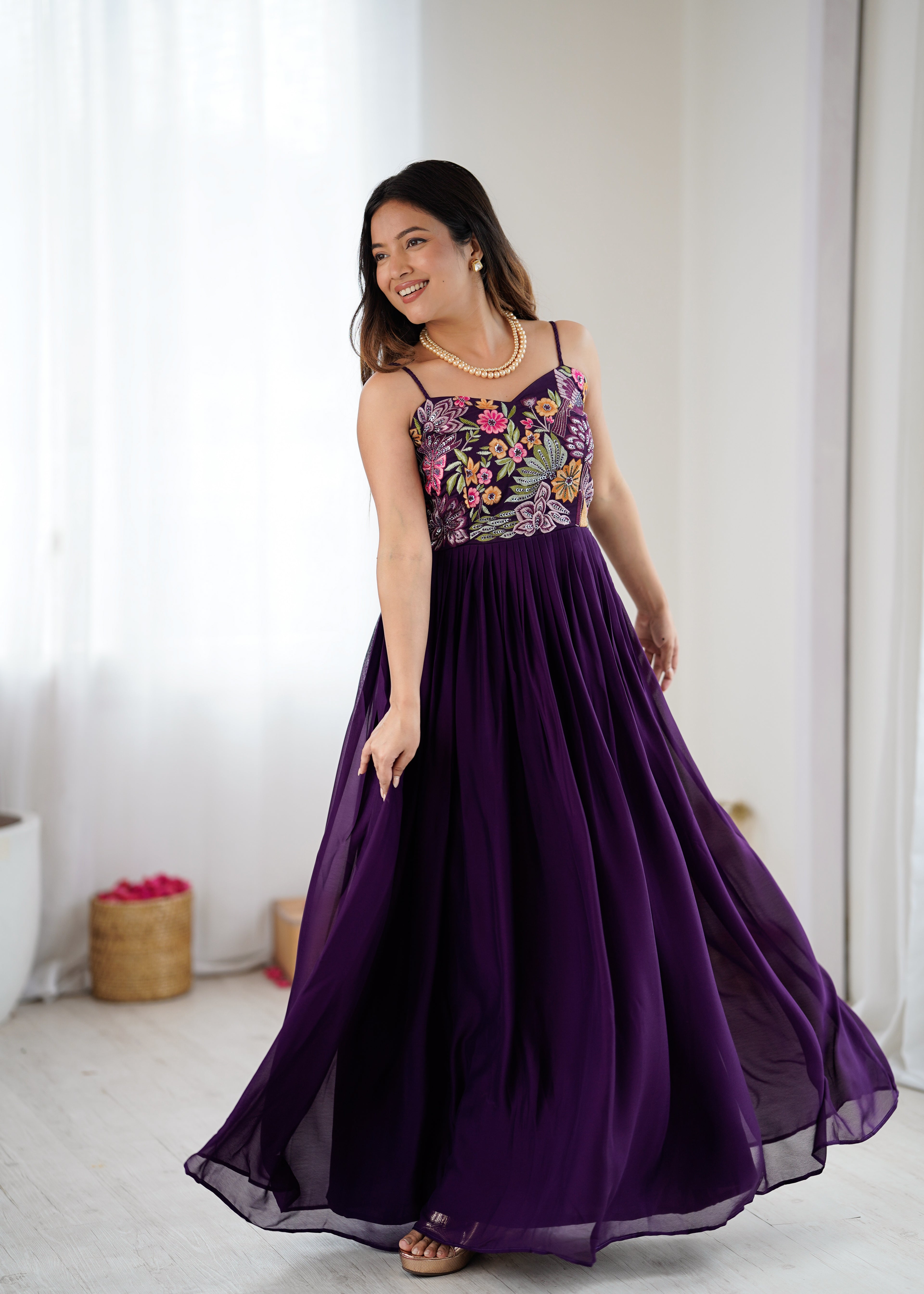 Trendy Purple Floral Embroidery Anarkali Gown for Festive Celebrations
