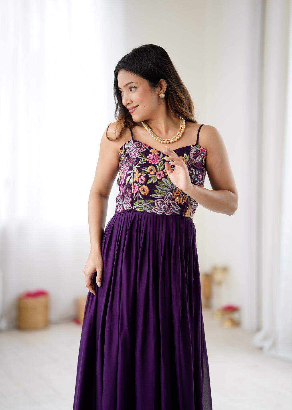 Trendy Purple Floral Embroidery Anarkali Gown for Festive Celebrations
