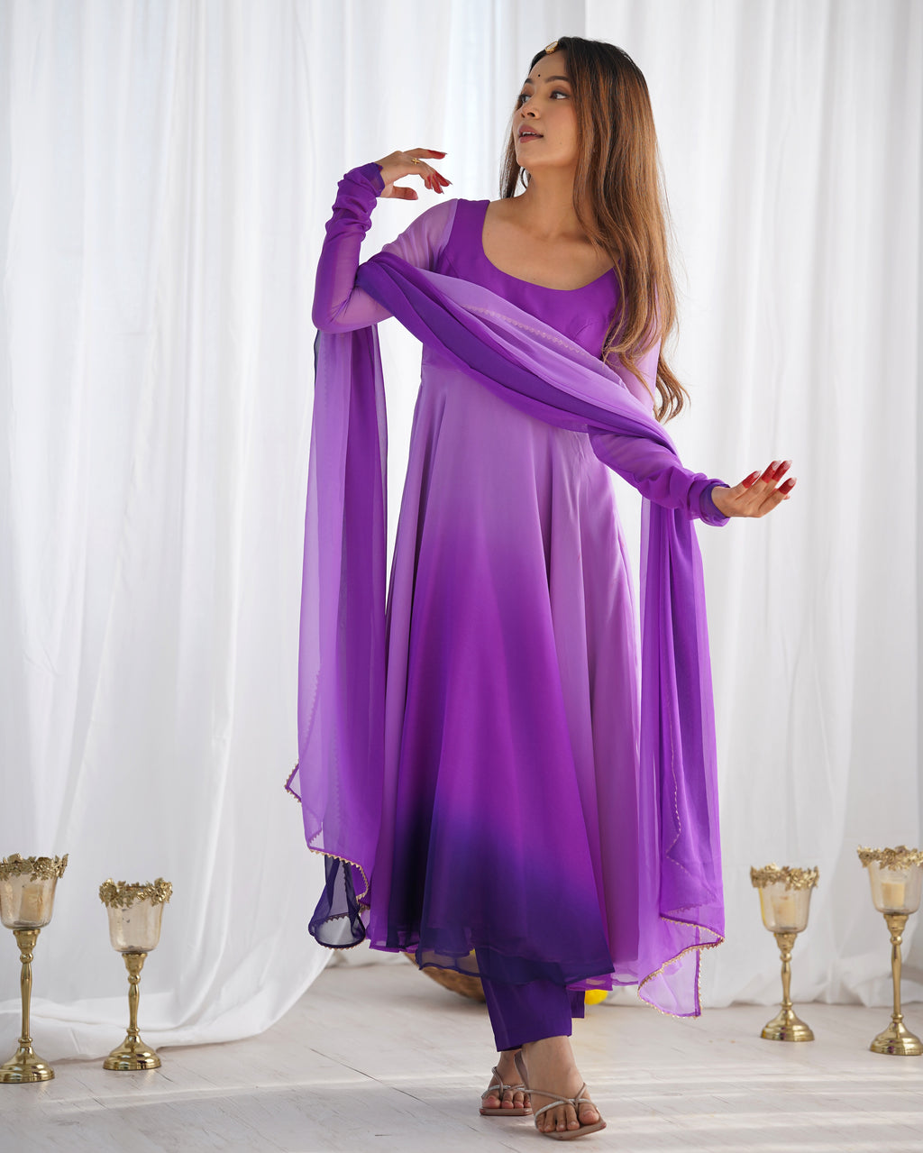 Dark Purple Pure Soft Fox Georgette Anarkali Suit Set With Huge Flair, Dupatta & Pant - Purple