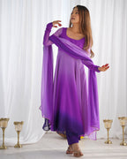Dark Purple Pure Soft Fox Georgette Anarkali Suit Set With Huge Flair, Dupatta & Pant - Purple