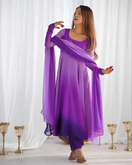 Dark Purple Pure Soft Fox Georgette Anarkali Suit Set With Huge Flair, Dupatta & Pant - Purple