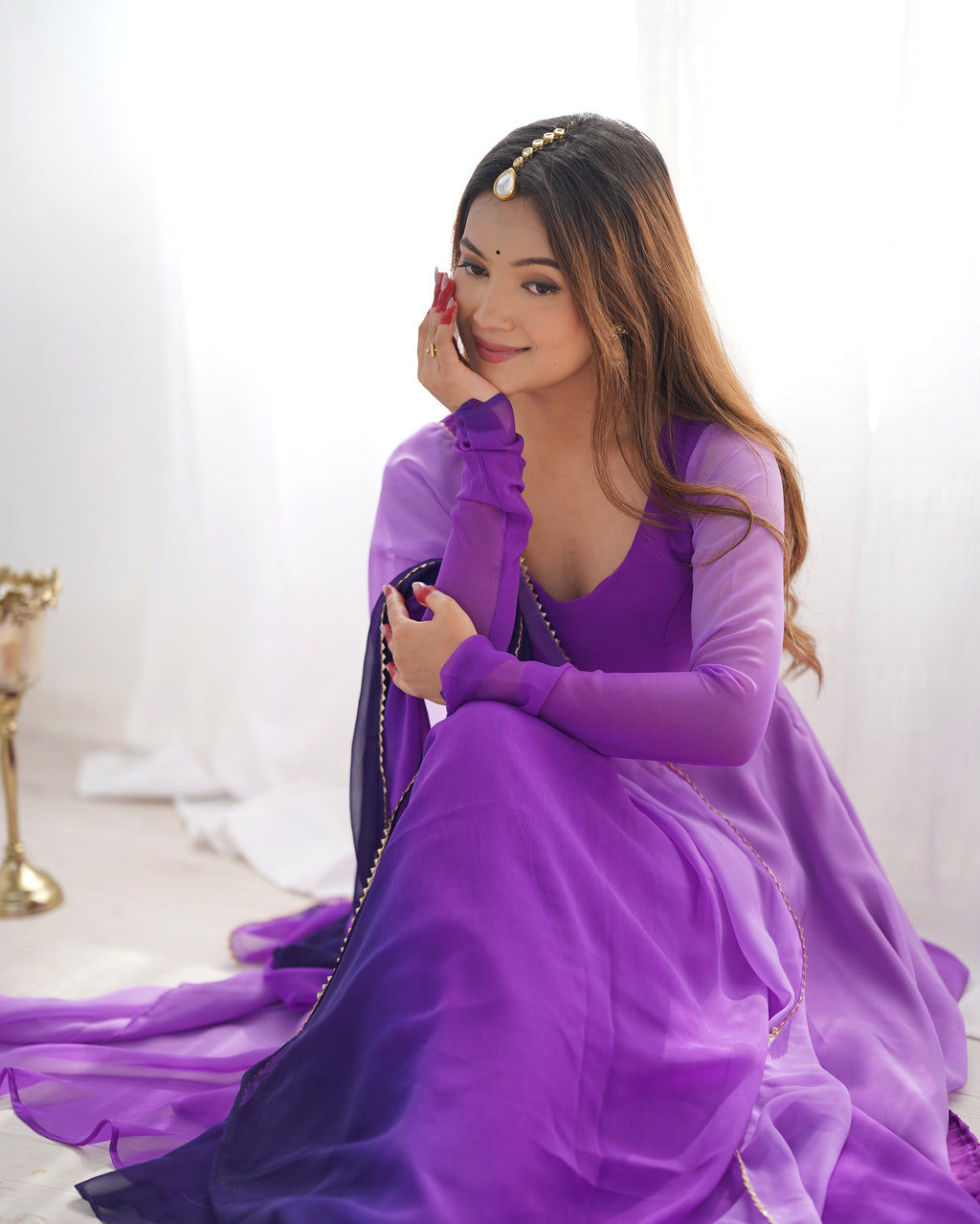 Dark Purple Pure Soft Fox Georgette Anarkali Suit Set With Huge Flair, Dupatta & Pant - Purple