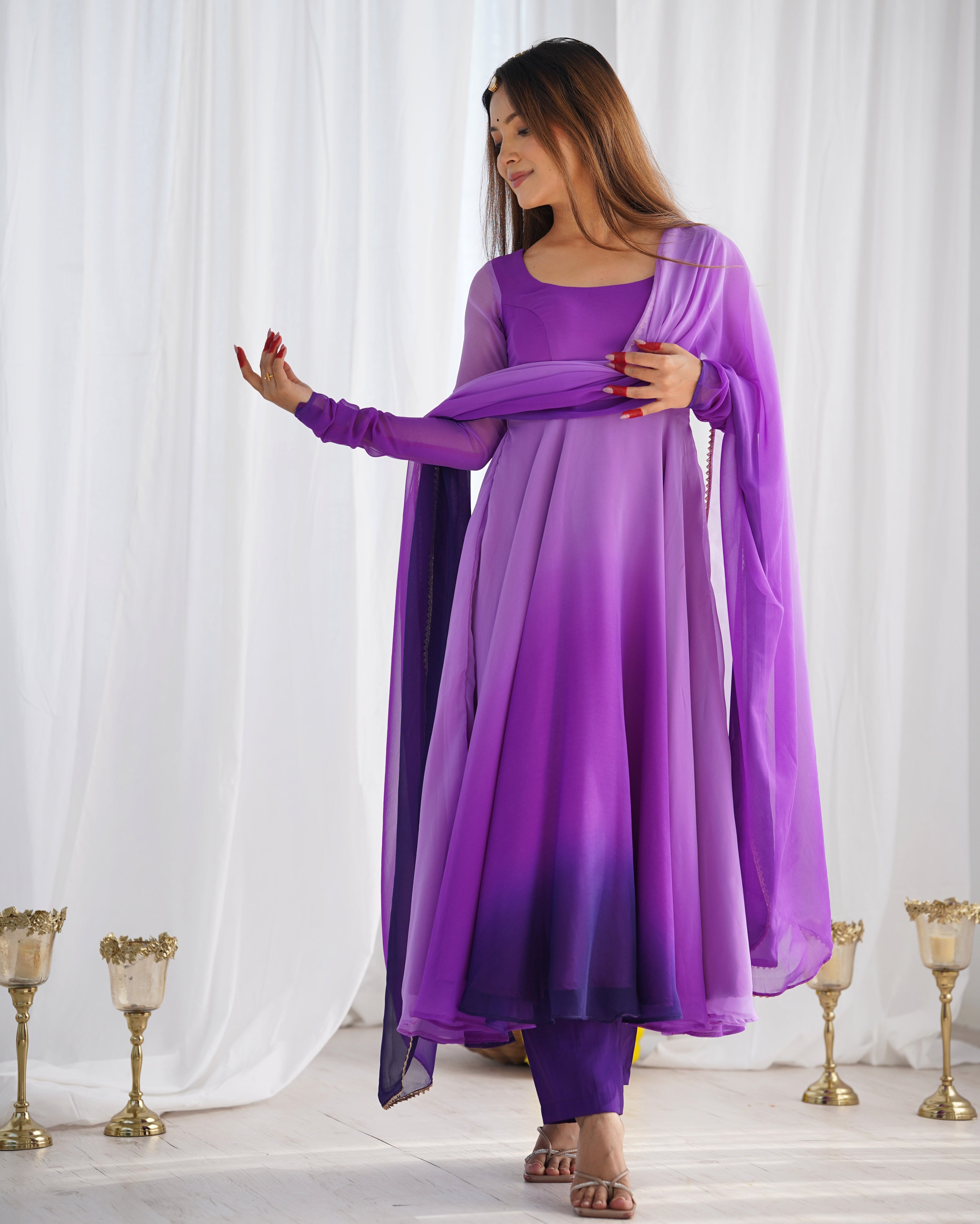 Dark Purple Pure Soft Fox Georgette Anarkali Suit Set With Huge Flair, Dupatta & Pant - Purple