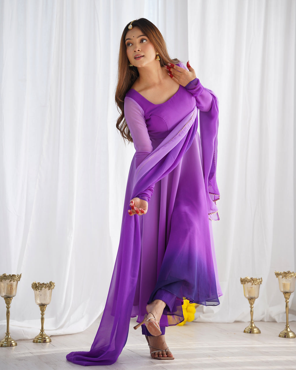 Dark Purple Pure Soft Fox Georgette Anarkali Suit Set With Huge Flair, Dupatta & Pant - Purple

