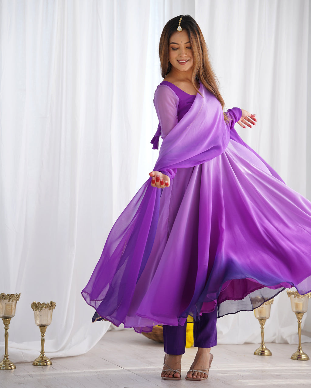 Dark Purple Pure Soft Fox Georgette Anarkali Suit Set With Huge Flair, Dupatta & Pant - Purple
