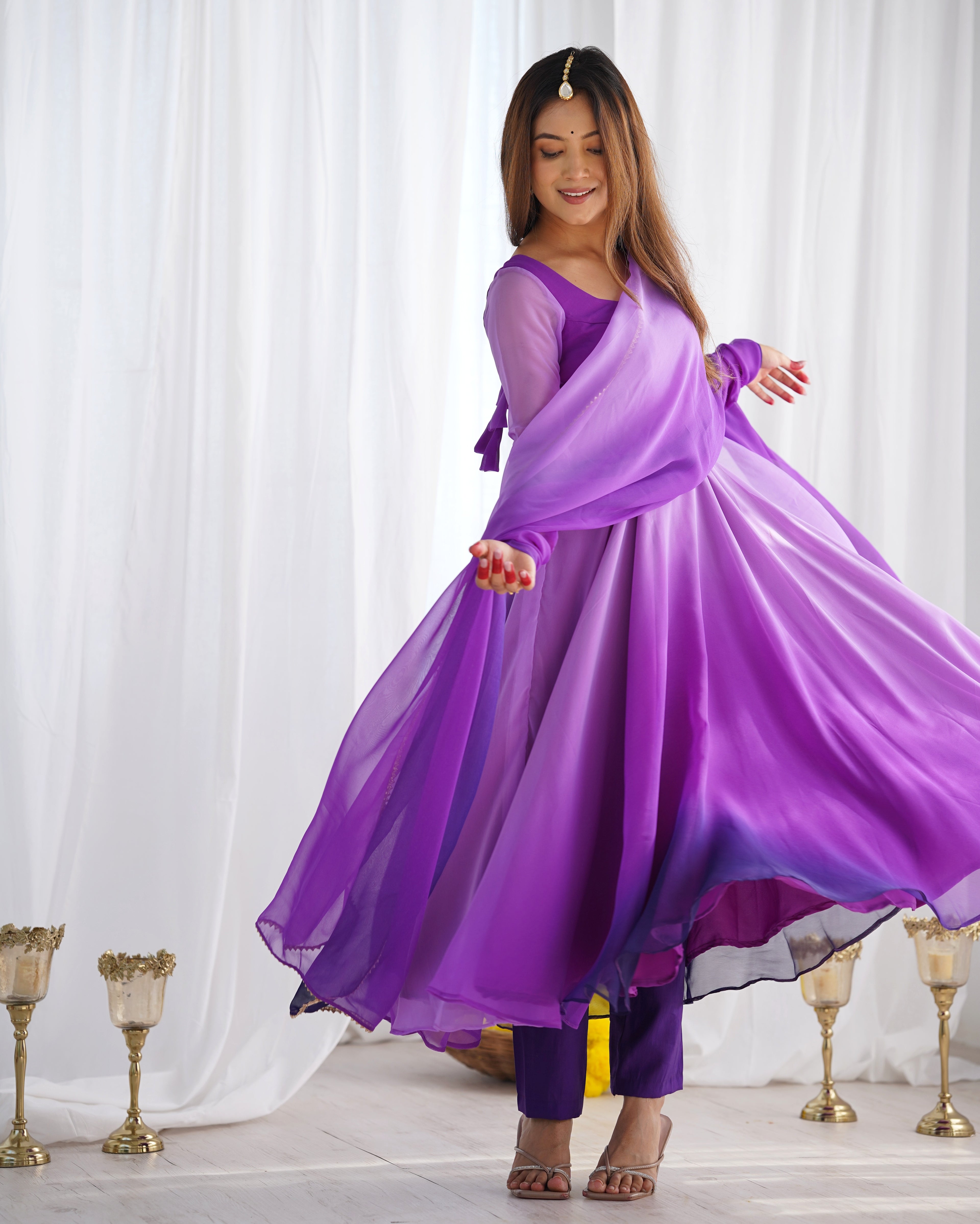 Dark Purple Pure Soft Fox Georgette Anarkali Suit Set With Huge Flair, Dupatta & Pant - Purple
