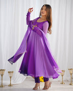 Dark Purple Pure Soft Fox Georgette Anarkali Suit Set With Huge Flair, Dupatta & Pant - Purple