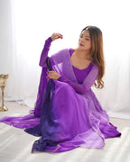 Dark Purple Pure Soft Fox Georgette Anarkali Suit Set With Huge Flair, Dupatta & Pant - Purple