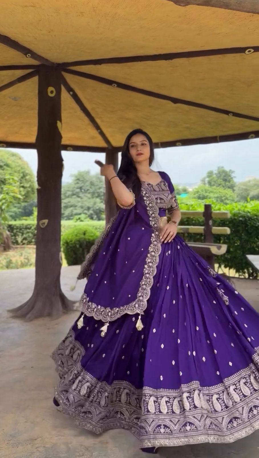 
Elegant Purple Fox Georgette Lehenga with Intricate Thread Work
