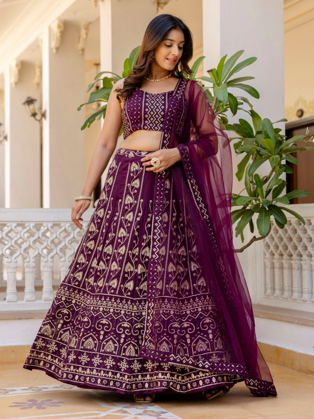 Elegant Georgette Sequins & Thread Embroidered Lehenga Choli Set with Net Dupatta
