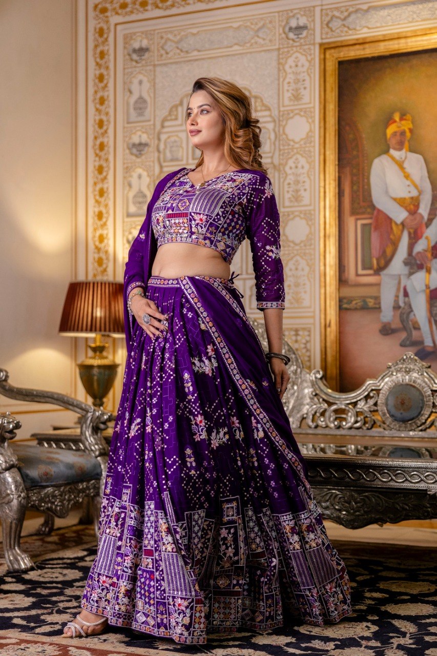 Royal Purple Blooming Georgette Embroidered Lehenga Choli with Dupatta Set
