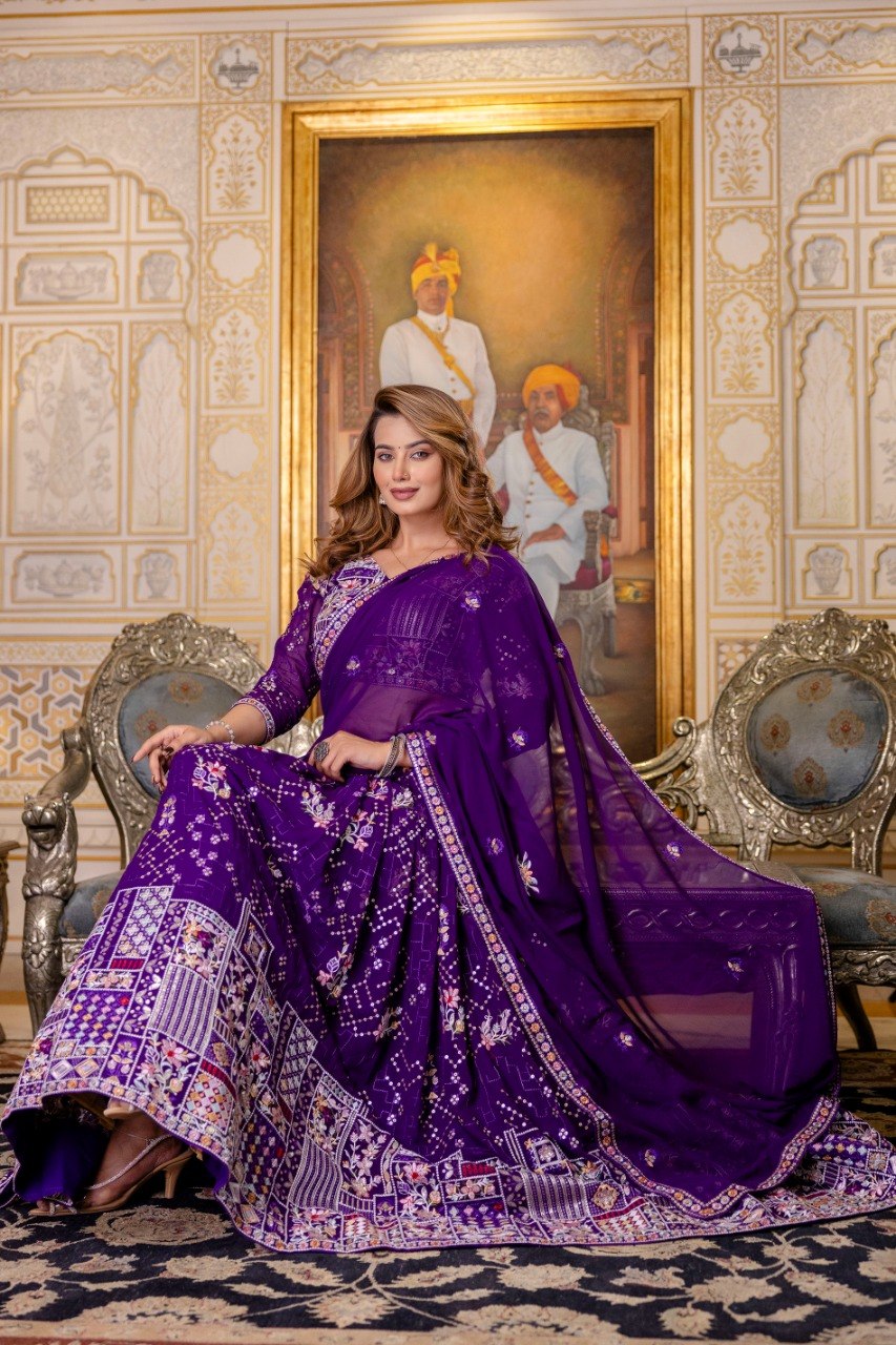 Royal Purple Blooming Georgette Embroidered Lehenga Choli with Dupatta Set
