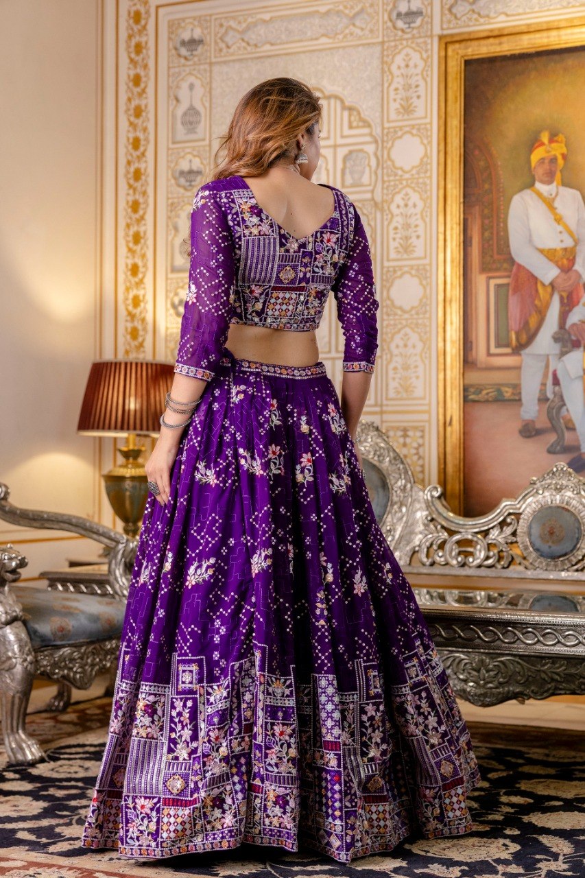 Royal Purple Blooming Georgette Embroidered Lehenga Choli with Dupatta Set
