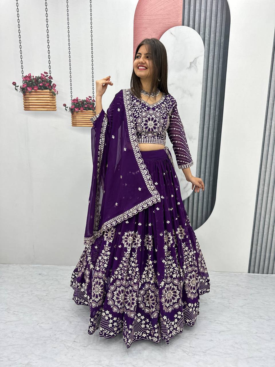 Heavy Sequence & Thread Work Purple Georgette Ready to Wear Lehenga Choli Set
