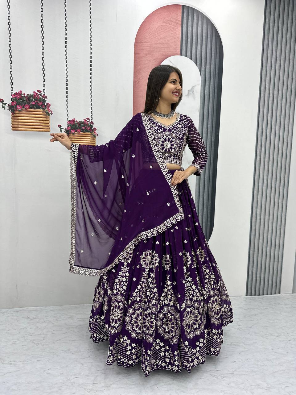 Heavy Sequence & Thread Work Purple Georgette Ready to Wear Lehenga Choli Set
