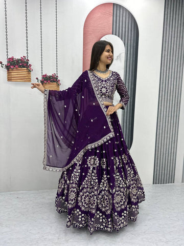 Heavy Sequence & Thread Work Purple Georgette Ready to Wear Lehenga Choli Set
