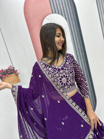 Heavy Sequence & Thread Work Purple Georgette Ready to Wear Lehenga Choli Set
