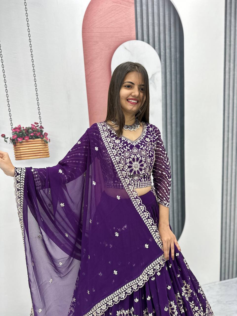 Heavy Sequence & Thread Work Purple Georgette Ready to Wear Lehenga Choli Set
