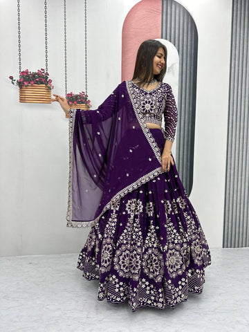 Heavy Sequence & Thread Work Purple Georgette Ready to Wear Lehenga Choli Set
