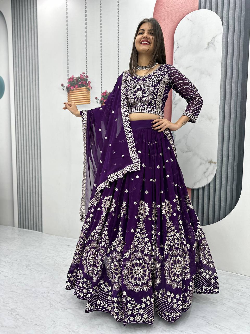 Heavy Sequence & Thread Work Purple Georgette Ready to Wear Lehenga Choli Set
