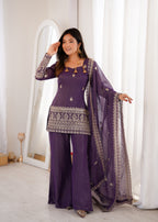 Designer Purple Crunchy Silk Jari Work Kurta Set with Bell Bottom Pant
