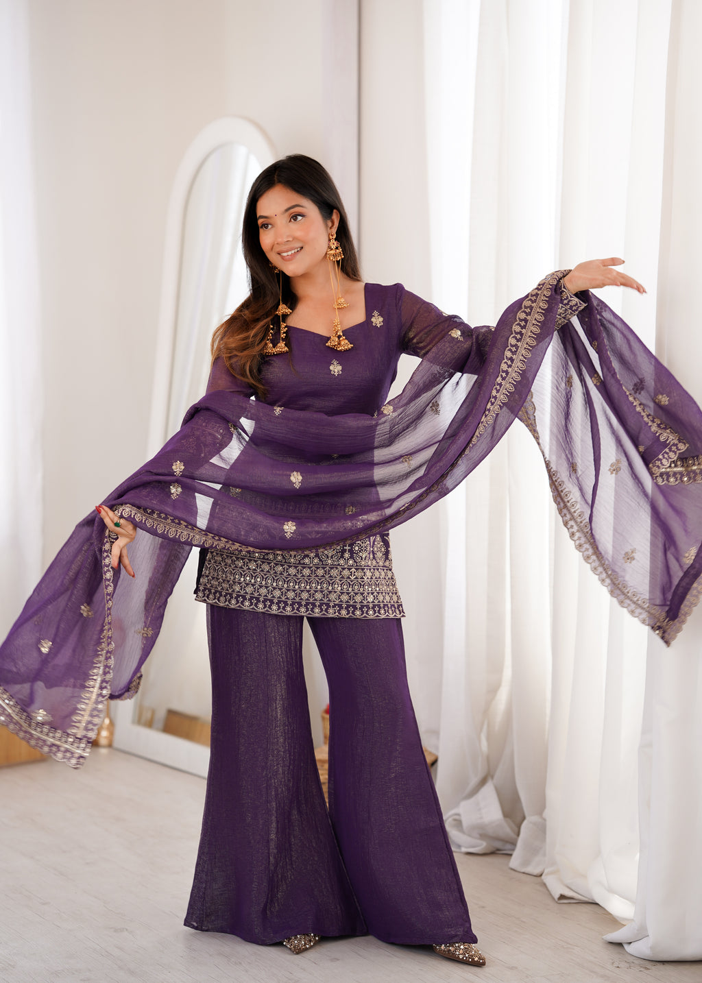 Designer Purple Crunchy Silk Jari Work Kurta Set with Bell Bottom Pant
