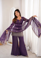 Designer Purple Crunchy Silk Jari Work Kurta Set with Bell Bottom Pant
