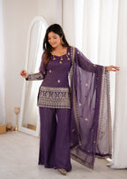 Designer Purple Crunchy Silk Jari Work Kurta Set with Bell Bottom Pant
