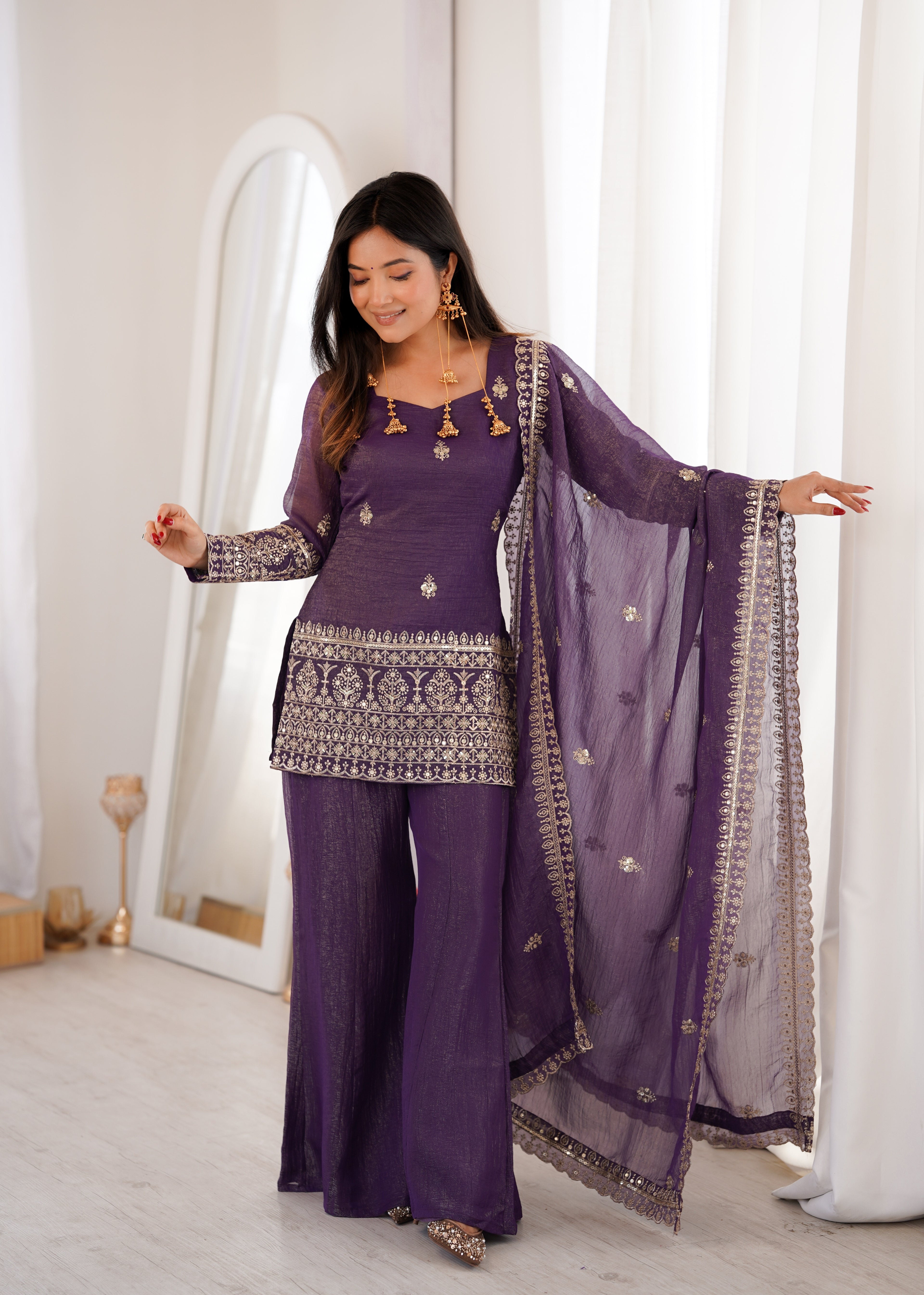 Designer Purple Crunchy Silk Jari Work Kurta Set with Bell Bottom Pant
