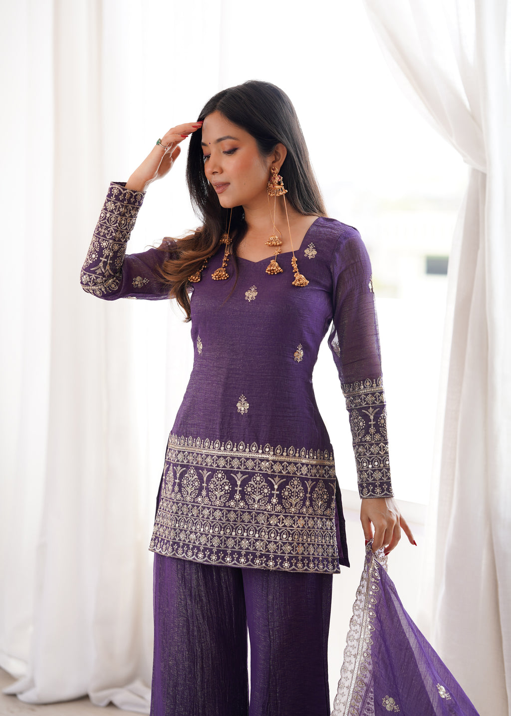 Designer Purple Crunchy Silk Jari Work Kurta Set with Bell Bottom Pant
