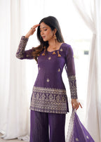 Designer Purple Crunchy Silk Jari Work Kurta Set with Bell Bottom Pant
