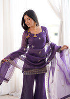 Designer Purple Crunchy Silk Jari Work Kurta Set with Bell Bottom Pant
