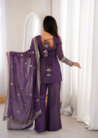 Designer Purple Crunchy Silk Jari Work Kurta Set with Bell Bottom Pant
